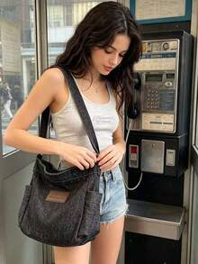 Túi đeo chéo denim wash vintage Y2K, dung tích lớn, nhiều ngăn, túi đeo vai thời trang đường phố sành điệu để đi làm hàng ngày. - Nhiều màu - Xem 14