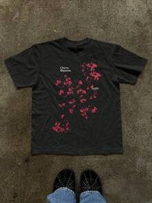 Camiseta casual de mujer de manga corta, cuello redondo, con estampado de letras y flores - Negro - Ver 6