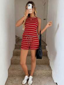 Conjunto de top y pantalones cortos a rayas deportivos y casuales de primavera/verano para mujer, moda y comodidad con elasticidad - Rojo - Ver 4
