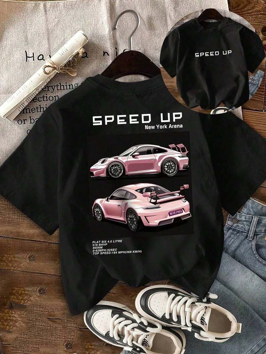 GiftCamiseta de manga corta con cuello redondo y estampado de coche BMW rosa - Estilo vintage urbano, camiseta holgada de algodón con estampado.Soft - Negro - Ver 1