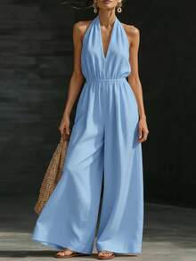 Mono nuevo de verano para mujer, de diseño, elegante, estilo francés, top halter de cuello V, perfecto para oficina, looks de día y ocasiones informales, favorecedor - azul cielo - Ver 7