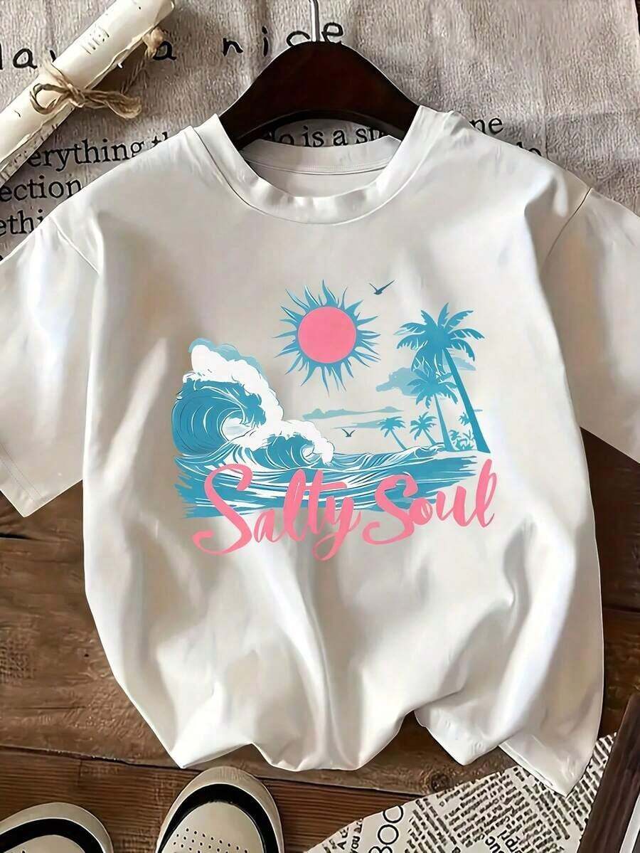 Short-Sleeved T-Shirt With Summer Beach-Style Print, Round Neck, Casual Top, Suitable For Spring And Summer, Classic Women's Clothing, Simple, Elegant And Versatile, 100% Cotton. - 白色 - 查看 1
