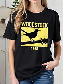 1969 Music Festival Bird And Guitar Print T-Shirt, Round Neck And Short Sleeves, Ideal For Parties And Everyday Wear, Perfect For Holidays And Leisure Time, Great For Parties And Family Vacations, Modern Urban Style, Party Outfit, Summer Casual Wear. - 黑色 - 查看 7