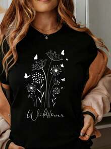 Camiseta con Estampado de Mariposas y Flores Silvestres para Mujer, Top Casual de Verano, Camiseta con Diseño Inspirado en la Naturaleza para Uso Diario y Regalo - Negro - Ver 7