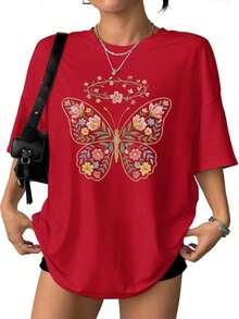 Oversized T-Shirt With Floral Butterfly Faux Embroidery Graphic - Soft Cotton, Cottagecore Style, Casual, Drop Shoulder, One Piece, 35% Cotton, 65% Polyester. - 紅色 - 查看 3