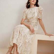 Women Elegant Floral Lace Patchwork Sequins Rope Embroidered Round Neck Short Sleeve Dress - Blanco - Ver 1