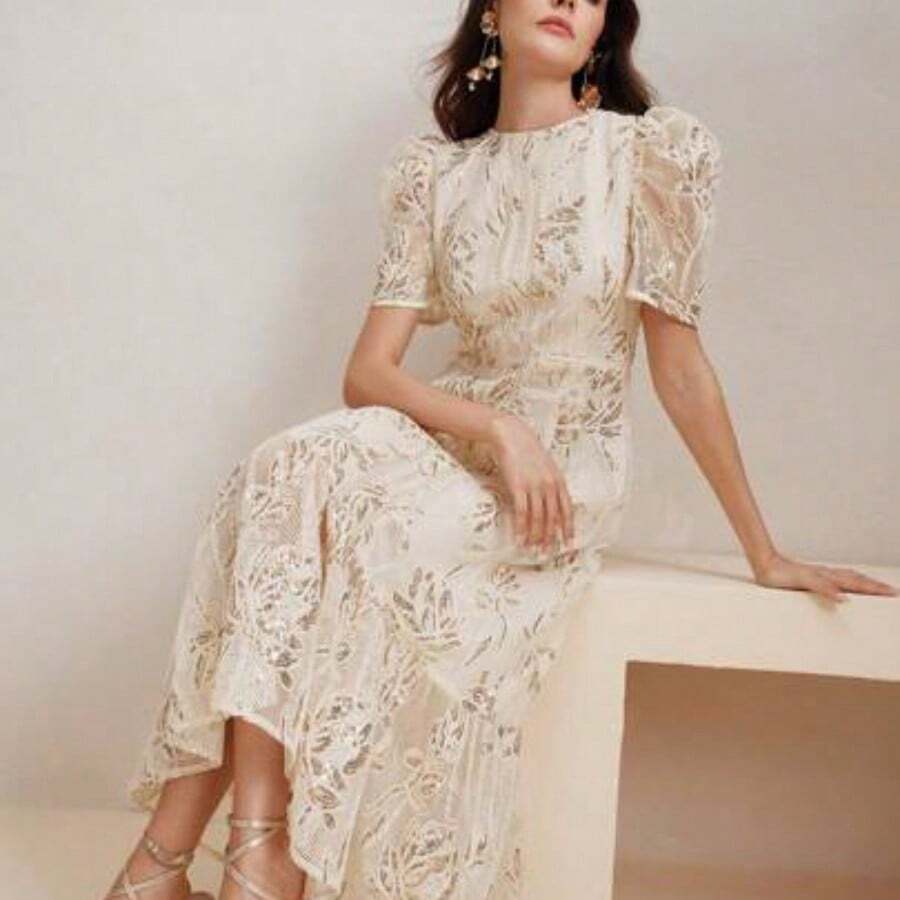 Women Elegant Floral Lace Patchwork Sequins Rope Embroidered Round Neck Short Sleeve Dress - Blanco - Ver 1