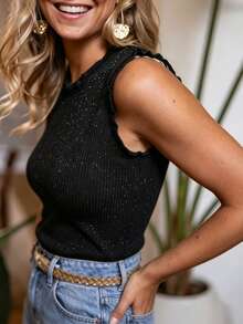 Chaleco de punto suave acanalado para mujer, nueva blusa sin mangas con cuello redondo y volantes para primavera/verano, camiseta ajustada y elástica, diseño con lentejuelas y brillo, versátil para uso diario, trabajo, citas, y para combinar con otras prendas - Negro - Ver 3