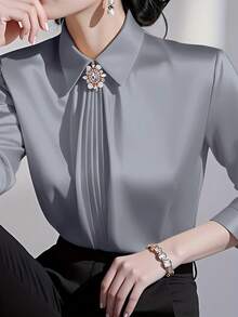 纯色翻领长袖衬衫，时尚优雅的办公通勤百搭长袖女式衬衫 - 灰色 - 查看 3