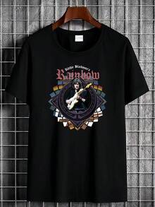 Breathable Short-Sleeved T-Shirt Featuring A Black And Gold Print Of Ritchie's "Long Live N Roll" Album Artwork, With A Classic Crew Neck. A Suitable Short-Sleeved T-Shirt For Lounging At Home, Everyday Wear, Parties, And Travel, Perfect As A Gift For Friends Or Family. - 黑色 - 查看 1