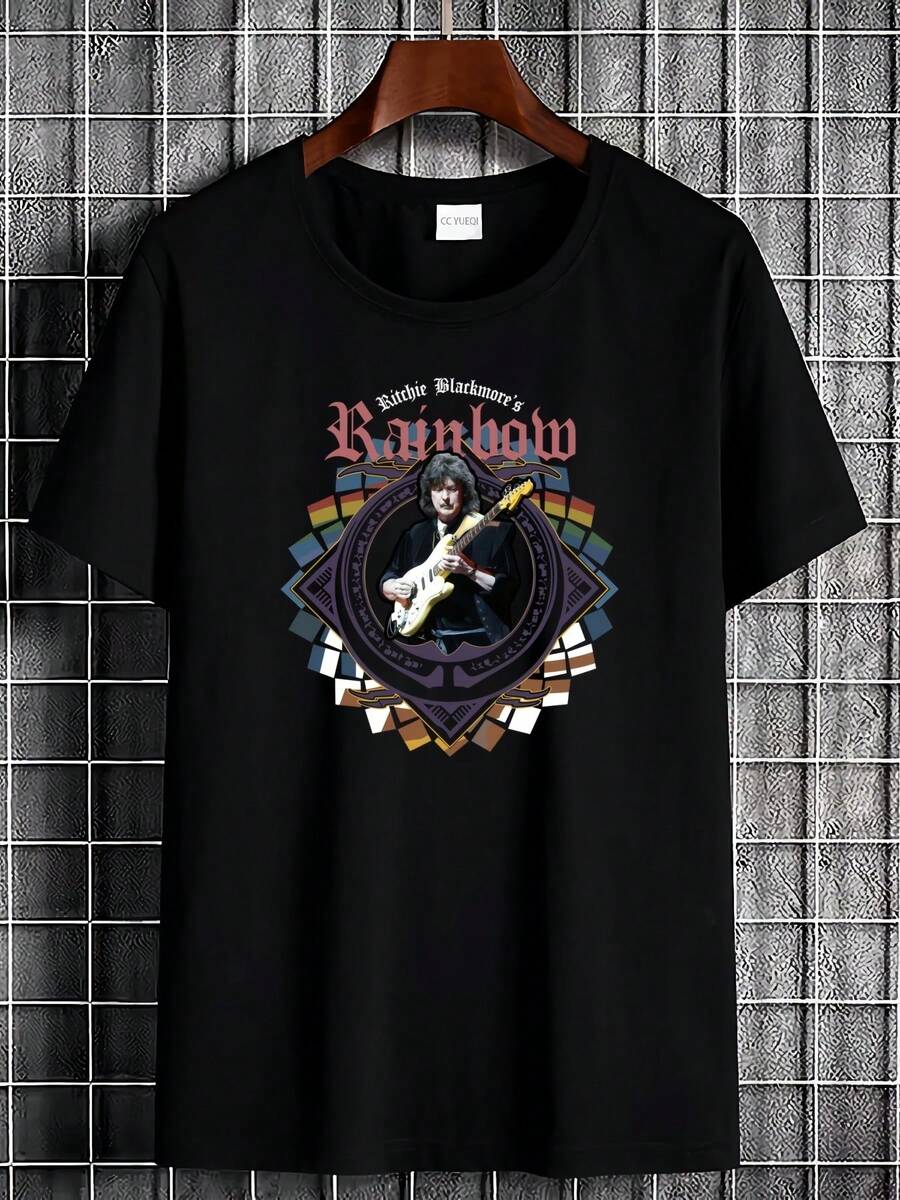 Breathable Short-Sleeved T-Shirt Featuring A Black And Gold Print Of Ritchie's "Long Live N Roll" Album Artwork, With A Classic Crew Neck. A Suitable Short-Sleeved T-Shirt For Lounging At Home, Everyday Wear, Parties, And Travel, Perfect As A Gift For Friends Or Family. - 黑色 - 查看 1