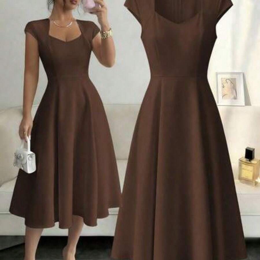 Elenzya Women's Solid Color Square Neck V-Neck Waist Flared Hem Short Sleeve Apricot Mid-Length Dress, Elegant French Retro Formal Office Commute Business Casual Beach Resort Afternoon Tea Street Minimalist Versatile Vintage Australian Home Outing Party Luxury Spring Summer New Best Selling Dresses Women Dress High Quality Dress Women Dresses Elegant Classic Women's Formal Wear Dress - Café integral - Ver 1