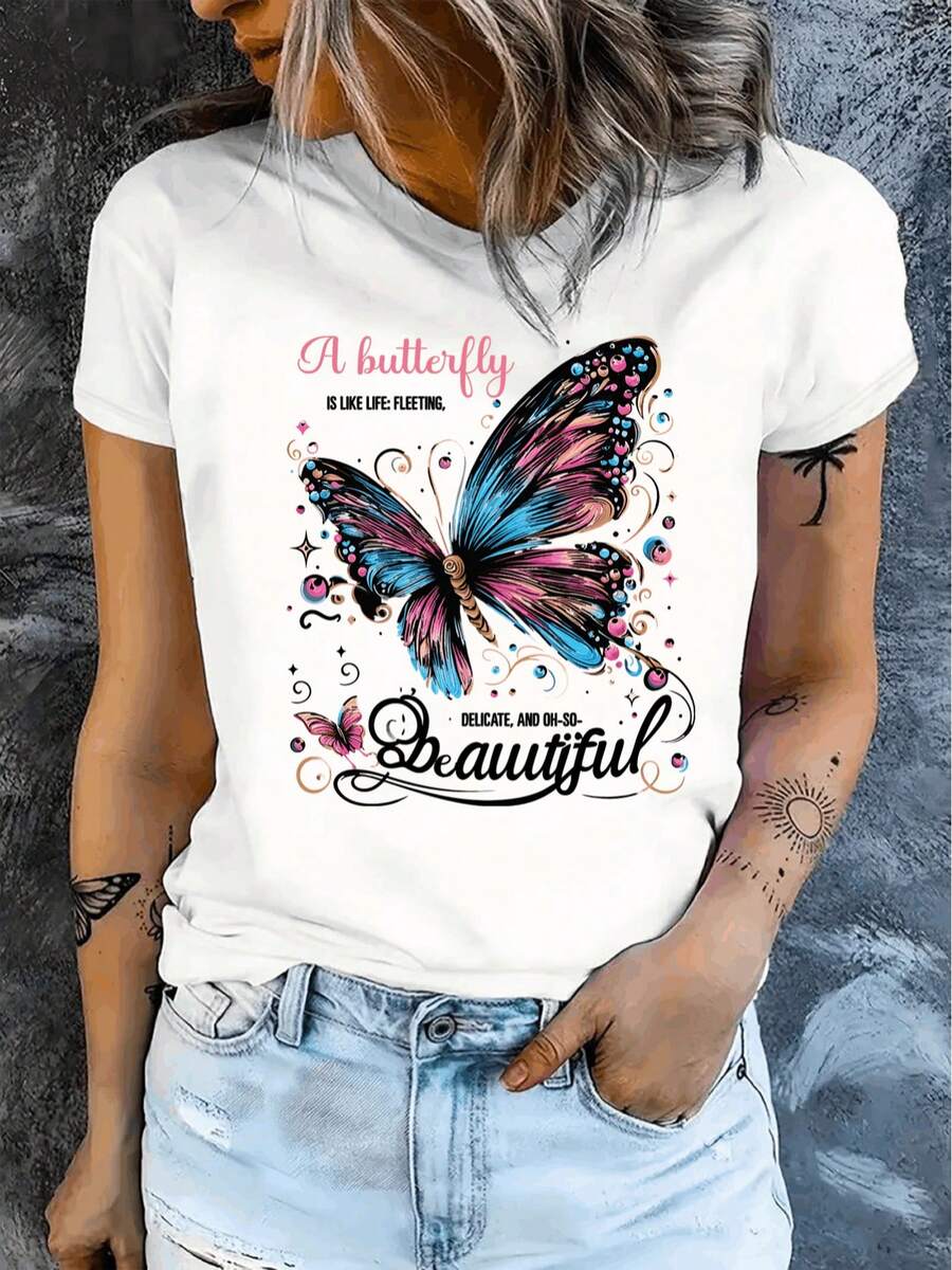 Camiseta de Mujer Mariposa Cómoda Cuello Redondo Casual Mezcla de Algodón Manga Corta Suave y Transpirable Top Ropa de Mujer Camiseta Verano Primavera Streetwear Tela - Blanco - Ver 1