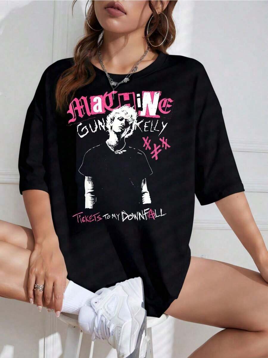 Playera Negra Mujer con Estampado de Letras Rosas, Estilo Grunge - Blanco - Ver 1