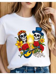 Camiseta de Mujer con Diseño de Calavera para el Día de los Muertos, Fiesta Mexicana, Halloween, Ropa Casual Holgada y Ligeramente Extendida - Blanco - Ver 8