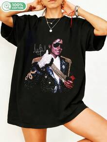 100% Cotton Graphic T-Shirt, King Of Pop Retro Concert Signature T-Shirt, Casual Short Sleeve Crew Neck Top For Fans, Oversized Streetwear Black. - Black - View 6