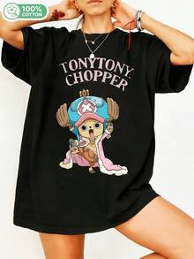 100% Cotton One Piece Graphic T-Shirt, Straw Hat Pirate Doctor Retro Anime T-Shirt, Casual Short Sleeve Crew Neck Manga Fan Top, Oversized Streetwear For One Piece Lovers. - Black - View 6