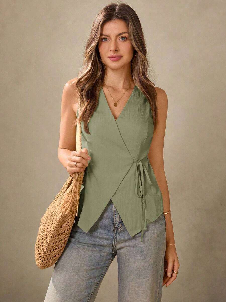 Chaleco estilo BOHO casual de estilo campestre estadounidense en color crema amarillento, con tirantes delgados, adecuado para maestras, oficina, viajes, con aspecto vintage.Blusa de verano para mujer en color amarillo claro, top de verano para mujer, top con lazo amarillo, top envolvente amarillo, top cruzado para mujer, top de verano para mujer de estilo occidental, para maestras de campo - Verde militar - Ver 1
