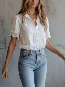 Blusa elegante de mujer con unicolor, bordado y parches de encaje, versátil para el hogar, uso diario y todas las estaciones, rosa de verano - Blanco - Ver 5
