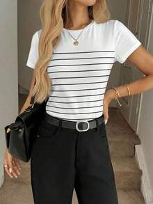 Camiseta de manga corta de cuello redondo ajustada con rayas blancas y negras, adecuada para primavera/verano - Multicolor 8 - Ver 6