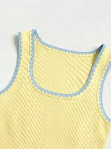 Camiseta de tirantes de cuello cuadrado con contraste de color estilo retro francés, camiseta sin mangas minimalista y versátil de ajuste ceñido y sexy, de tejido de punto bordado con conchas, adecuada para salir, ir al trabajo, ir a la escuela - Amarillo claro - Ver 4