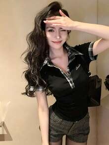 Letter Contrast Color Plaid Button Decor Casual Summer Dress For Women Black - Black - View 1