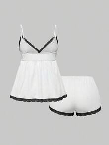 Conjunto de pijama casual de camiseta de tirantes acanalada y shorts con encaje - Blanco y Negro - Ver 2