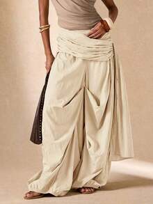 Pantalones sueltos y plisados de unicolor para uso diario de mujer - Albaricoque - Ver 4