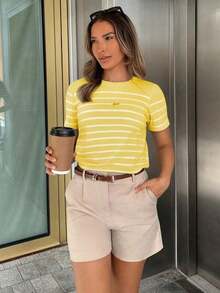 PariChic Camiseta casual de mujer a rayas, camisetas gráficas versátiles para mujer - Amarillo - Ver 1