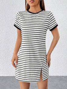 Vestido camiseta con bloqueo de color y estampado de rayas - Blanco - Ver 5