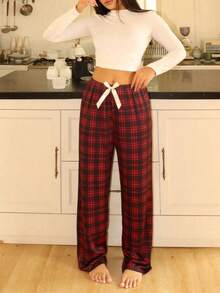 Pantalones de pijama holgados con lazo y estampado de cuadros para mujer, otoño e invierno - Multicolor 2 - Ver 5