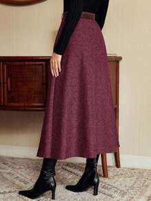 DECDS Falda elegante vintage para mujer con bolsillos y cinturón a cuadros, falda casual de vacaciones, falda gris de otoño, invierno y Navidad, falda para invitada de boda - Burdeos - Ver 6