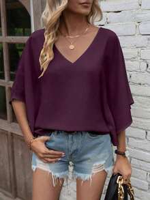 Camisa de manga de murciélago de unicolor casual, verano - Morado - Ver 4