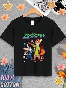 Disney Zootopia Collaboration Kids T-Shirt, Boys And Girls Summer Short Sleeve, Judy Nick Cute Print Top - Children's Summer Round Neck Cotton T-Shirt, Cotton Clothes For Kids Boy, Perfect For Outdoor Casual Wear - màu đen - Xem 3