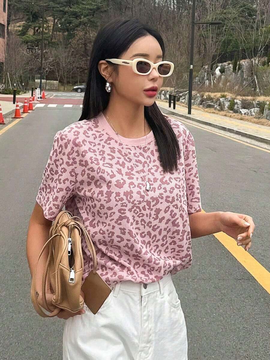 Camiseta de manga corta holgada con estampado de leopardo para mujer, ropa de verano y otoño - Rosa - Ver 1