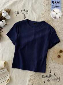 95% algodón. Camiseta corta de manga corta, cuello redondo, ajustada y recortada de unicolor minimalista casual para mujer, vintage, softgirl, elegante. Se puede usar en todas las estaciones, old money, salidas de verano, en casa, vuelta al cole, otoño. - Azul marino - Ver 1
