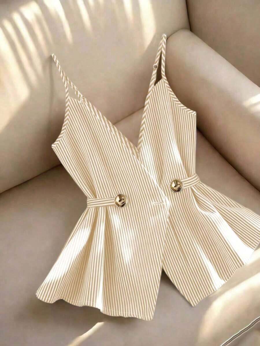 Camiseta sin tirantes casual de mujer con decoración de botones a rayas - Albaricoque - Ver 1