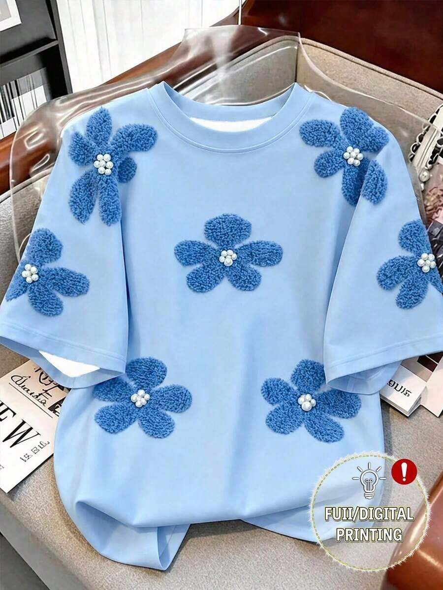 Camiseta de mujer de cuello redondo con estampado de contraste de color degradado de fresa, para verano - Multicolor 2 - Ver 1