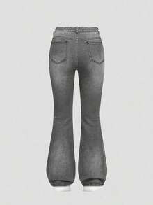 Explorewe Jeans de mezclilla estilo Y2K versátiles lavados y desgastados con pierna acampanada y elásticos para niñas adolescentes - Gris Claro - Ver 2