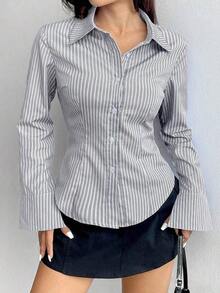 Camisa de manga larga casual a rayas que ciñe la cintura, apta para primavera/verano/otoño, tops de manga larga - Multicolor 7 - Ver 6