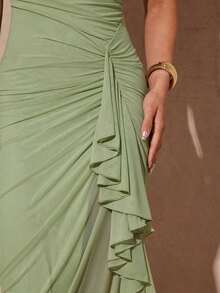 xheSilquee Elegante vestido verde salvia con mangas abullonadas románticas y abertura alta, vestido de fiesta ajustado con encaje para el Día de San Valentín, citas, invitados de boda, baile de graduaciónxhe - Verde - Ver 6
