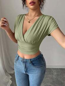 Camiseta casual de mujer con cuello en V y cruce en la cintura - Verde lima - Ver 3