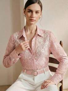 Blusa de manga larga para mujer con bordado floral delicado y decoración con cuentas, aplicación simétrica, nueva para primavera/verano - Rosa - Ver 2