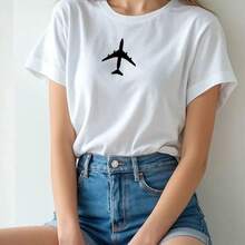 Minimalist American-Style Cotton T-Shirt With Airplane Print For Summer, European And American Niche Fashion, Youthful And Elegant Top,  Women's T-Shirt. - 白色 - 查看 8