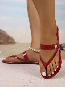 Women's Fashion Rhinestone Bow Tie Strap Flip Flops, Casual Versatile Beach Vacation Party Indoor & Outdoor Sandals, Summer New Arrival - Red - View 8