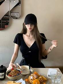 美国性感V领T恤 女款 夏季蕾丝扭结短袖修身露脐上衣 黑色 - 黑色 - 查看 1