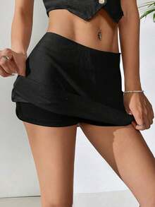 Minifalda sólida de uso casual y versátil para uso diario - Negro - Ver 8