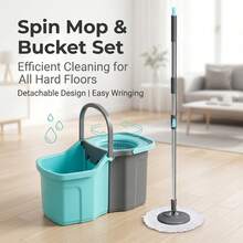 Spin Mop And Bucket System With [2] Microfiber Replacement Heads, Self-Wringing Floor Cleaning Mop For Home & Kitchen, Heavy Duty Stainless Steel Handle (Teal/Grey) - A - Xem 6
