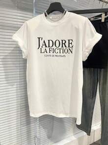 Women's Short-Sleeved Cotton T-Shirt For Summer, Loose Fit Asian Style With Letter Print, Super Cute And Fashionable Design, Soft And Comfortable Fabric, Perfect For Everyday Wear, Casual Outings And  Youthful Looks On Social Media 5HNL - 白色 - 查看 6