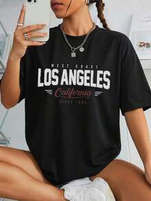 Camiseta Gráfica de Los Ángeles para Mujer, Casual, de Manga Corta y Cuello Redondo, con Tela de Poliéster Ligeramente Elástica para Ropa Urbana - Negro - Ver 1